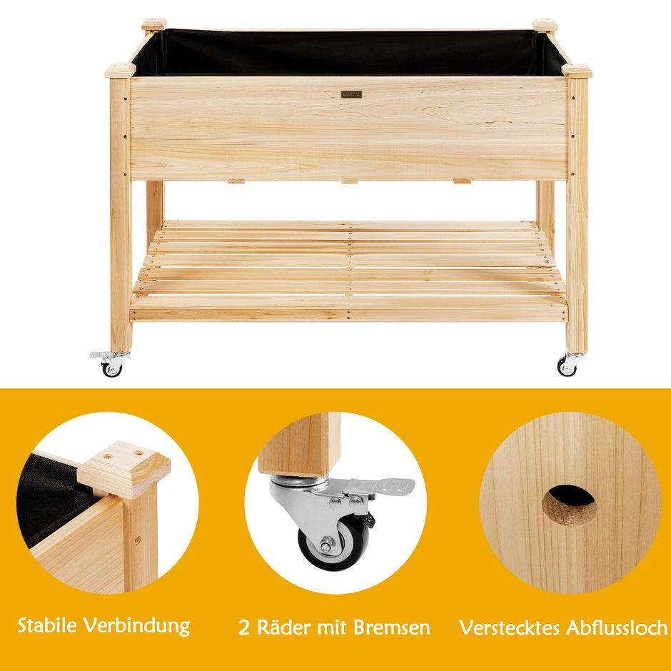 Upphöjd – trädgårdsbädd i trä med låsbara hjul Naturlig – 120 x 59 x 84 cm – Natur