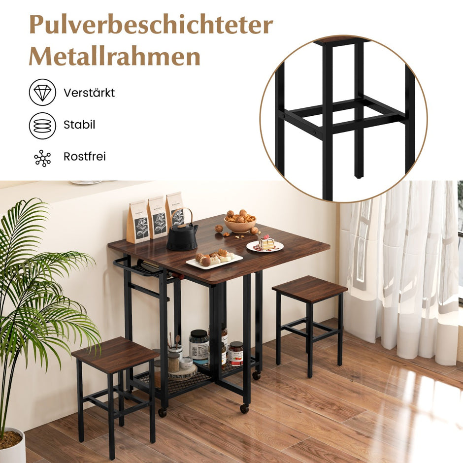 delat – matbordsset Utdragbart köksbord på hjul med stolar och vinställ hyllor – 3 2 – Brun