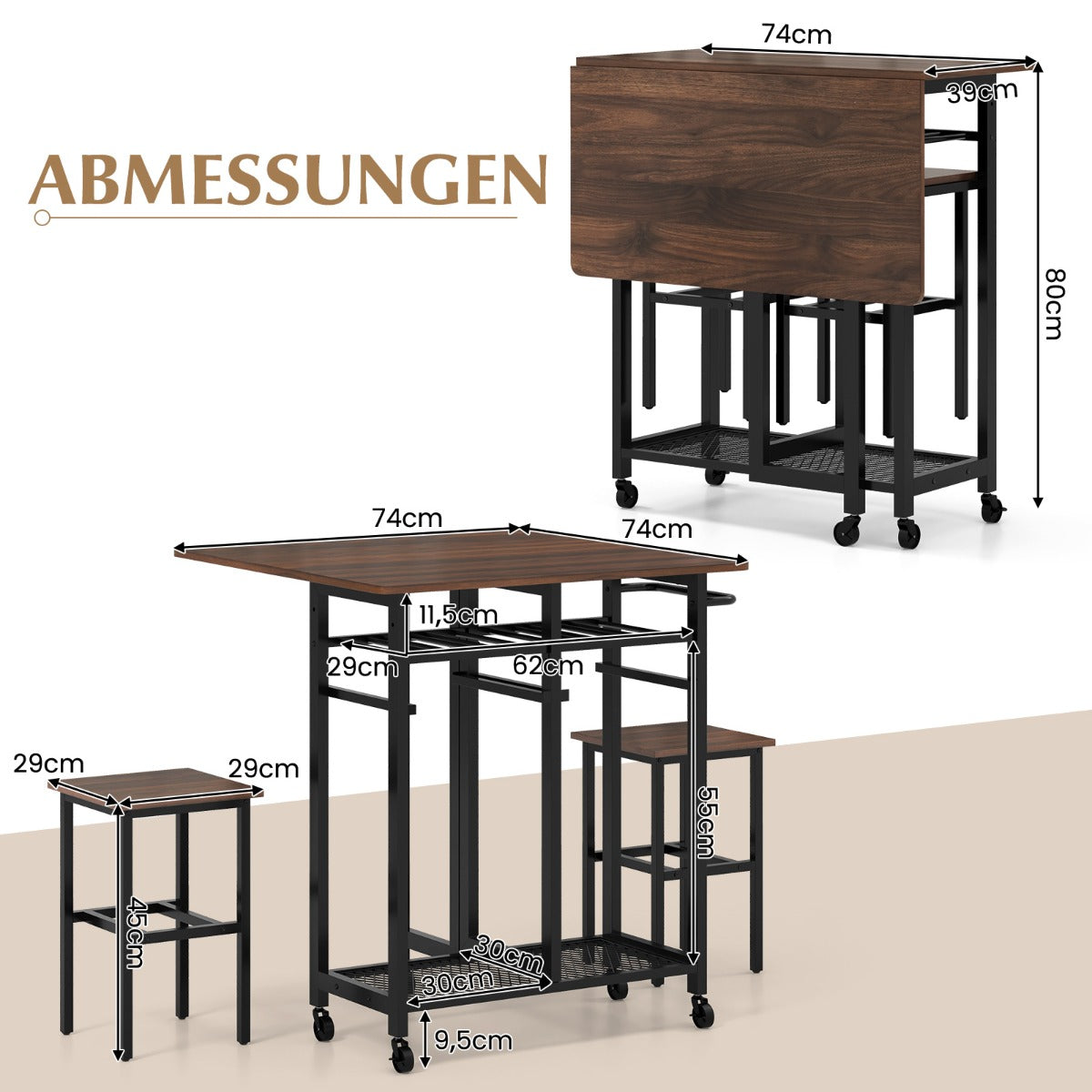 delat – matbordsset Utdragbart köksbord på hjul med stolar och vinställ hyllor – 3 2 – Brun