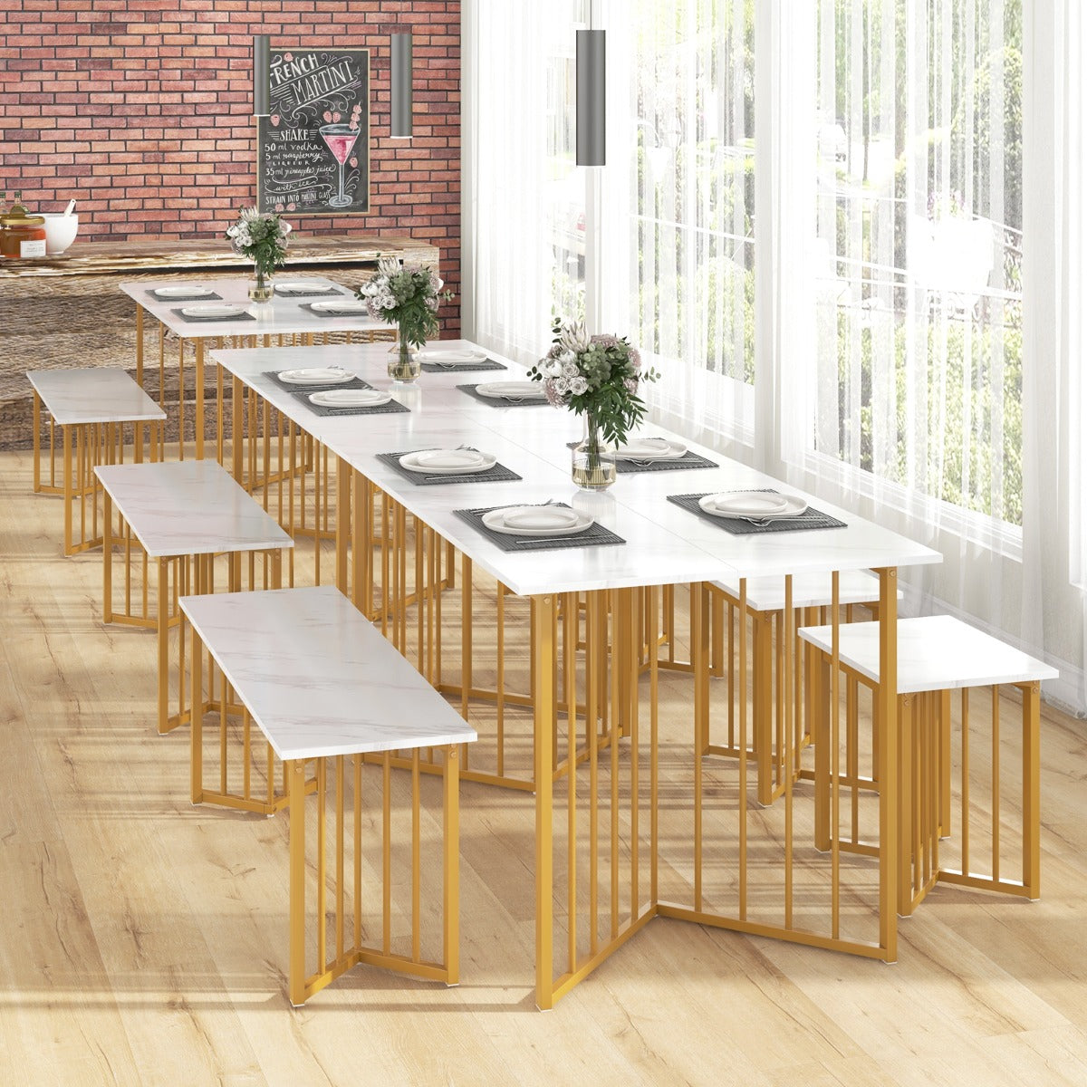 delat – matsalsset med stolar och bord bänk Modernt i marmor + gyllene – 4 2 – Vit