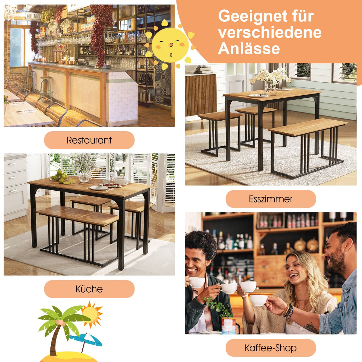Matbord – med bänk och pallar set om köksbord industriell matgrupp för kök – 2 4 120 x 60 x 75 cm – Natur