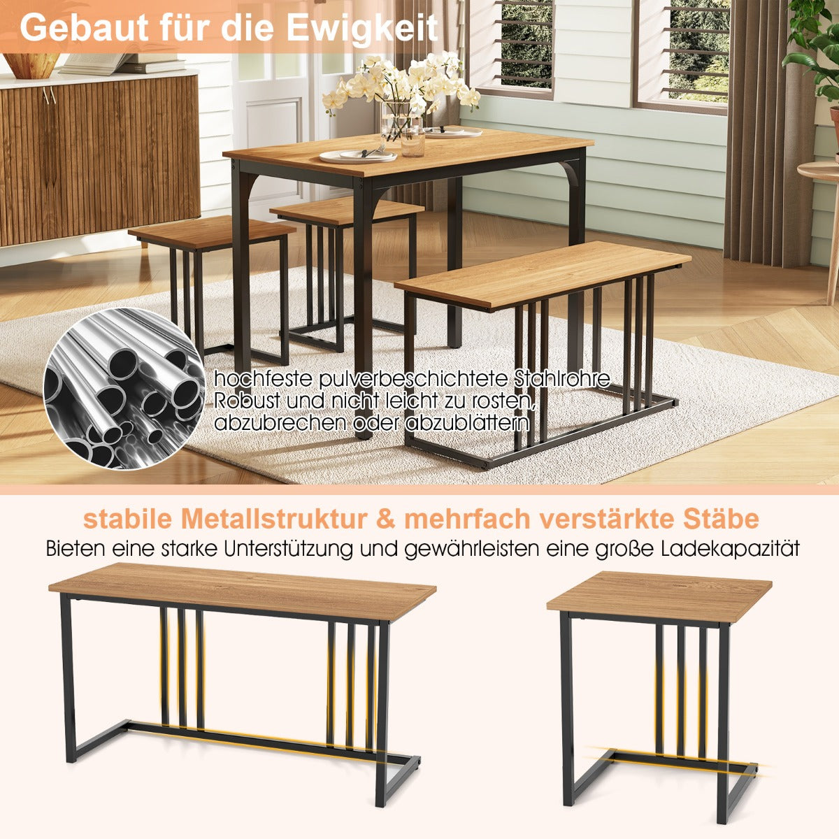 Matbord – med bänk och pallar set om köksbord industriell matgrupp för kök – 2 4 120 x 60 x 75 cm – Natur