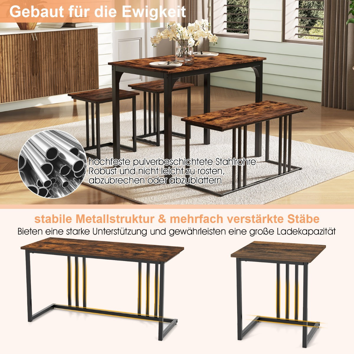 Matbord – med bänk och pallar set om köksbord industriell matgrupp för kök – 2 4 120 x 60 x 75 cm – Brun