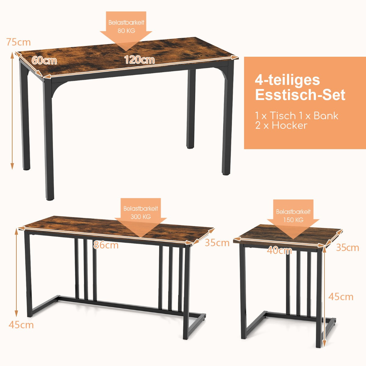 Matbord – med bänk och pallar set om köksbord industriell matgrupp för kök – 2 4 120 x 60 x 75 cm – Brun