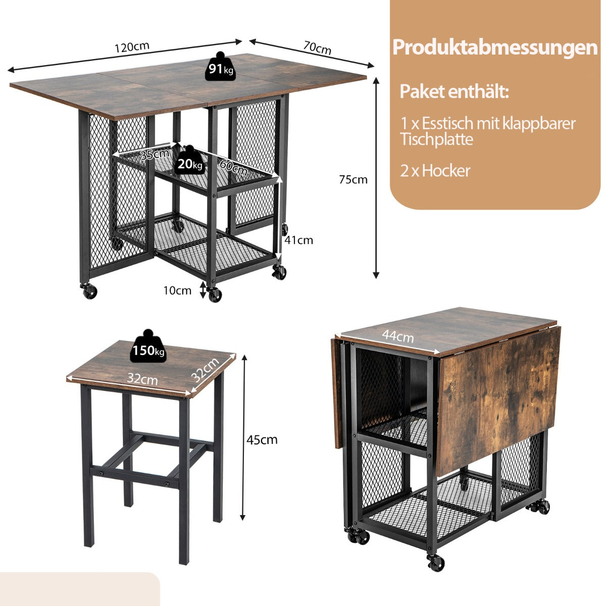 delat – set Fällbart matbordsset Utdragbart med pallar och mesh förvaringshyllor – 3 2 2 – Brun