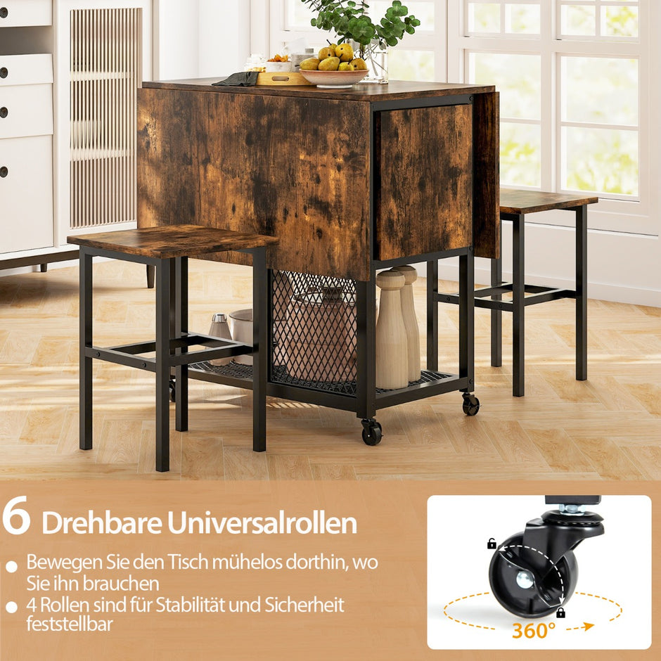 delat – set Fällbart matbordsset Utdragbart med pallar och mesh förvaringshyllor – 3 2 2 – Brun