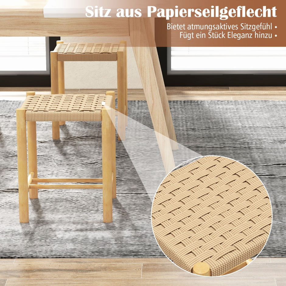 Matsalspallsset – ram av gummiträ och sits vävt papper – 36 x 36 x 45 cm – Natur