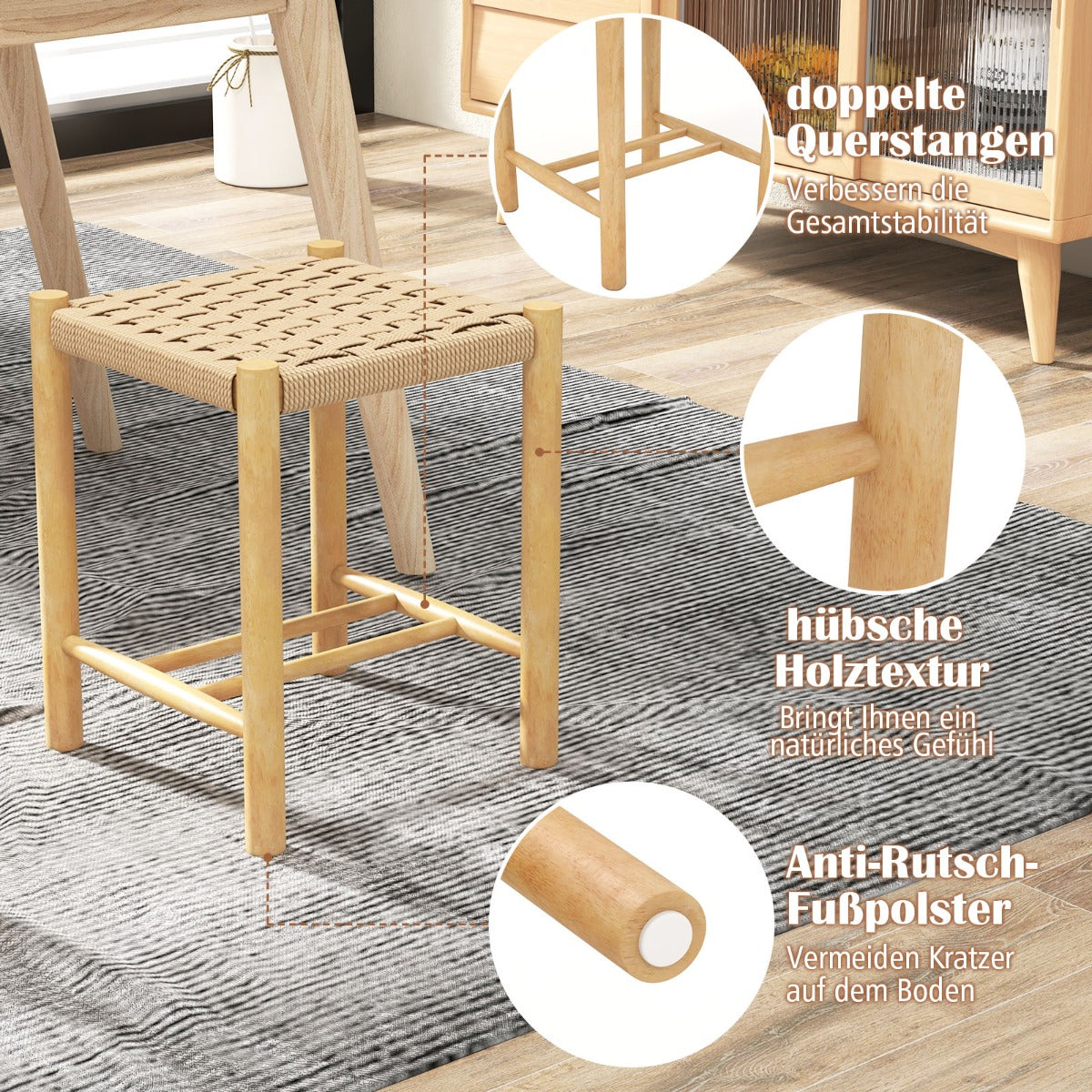 Matsalspallsset – ram av gummiträ och sits vävt papper – 36 x 36 x 45 cm – Natur