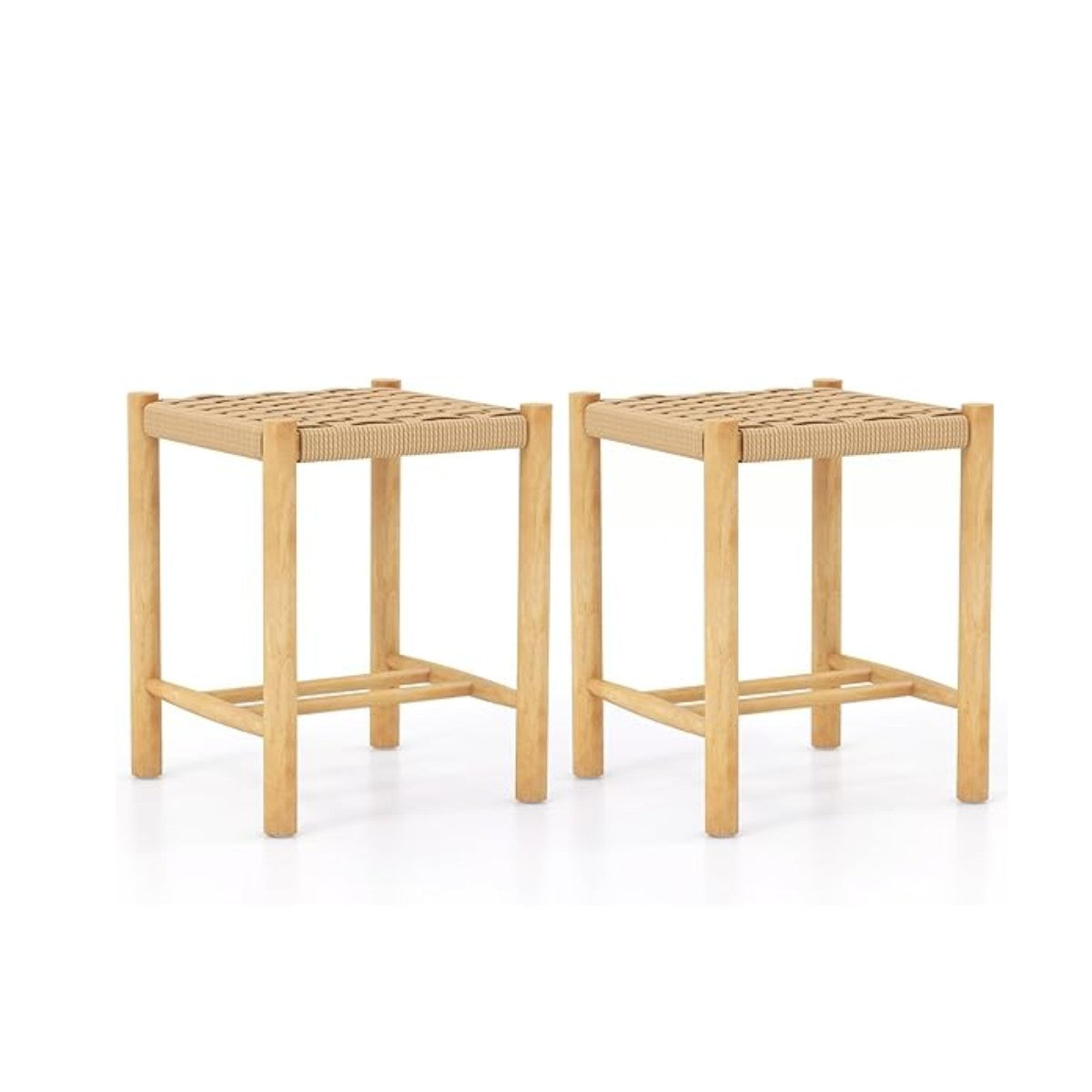 Matsalspallsset – ram av gummiträ och sits vävt papper – 36 x 36 x 45 cm – Natur