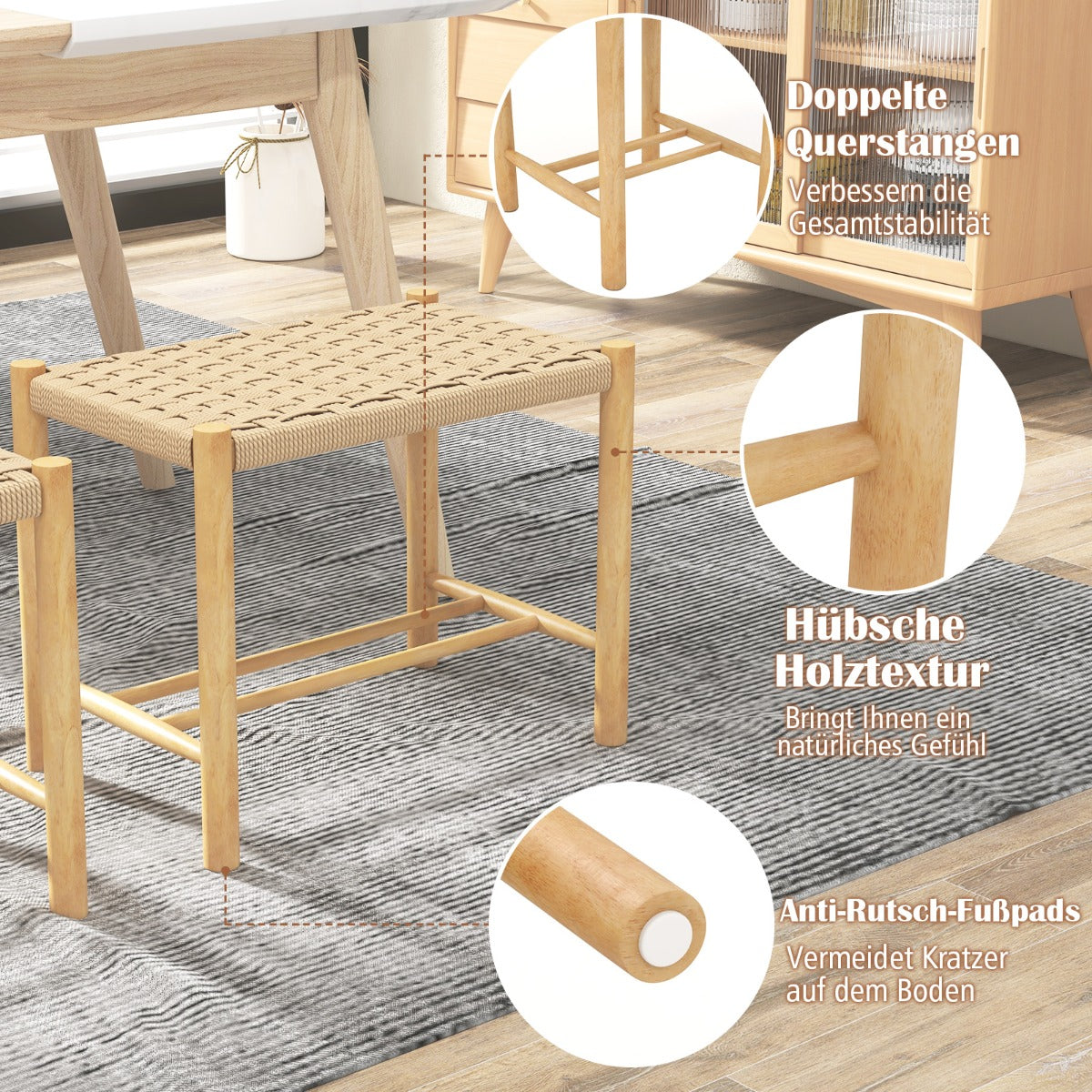 Matsalspallsset – ram av gummiträ och sits vävt papper – 56 x 36 x 45 cm – Natur