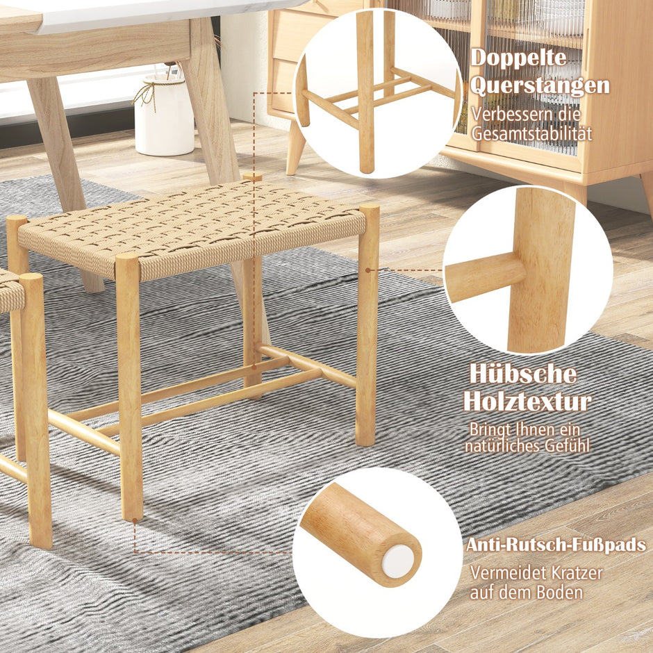 Matsalspallsset – ram av gummiträ och sits vävt papper – 56 x 36 x 45 cm – Natur