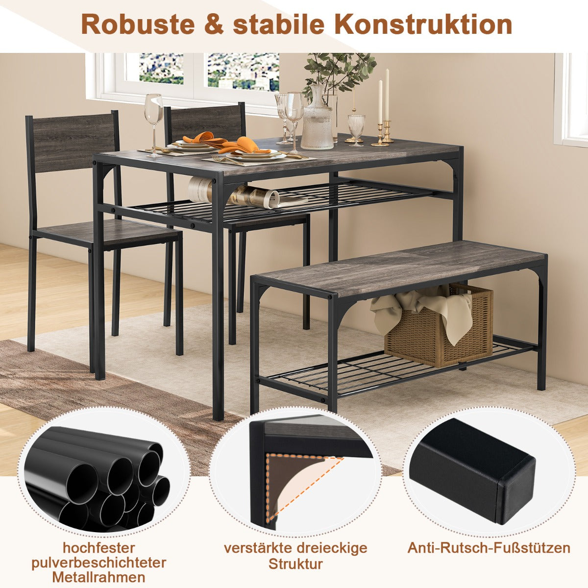 delat – matsalsbord med stolar och bänk hylla industriell sittgrupp – 4 2 1 – Grå
