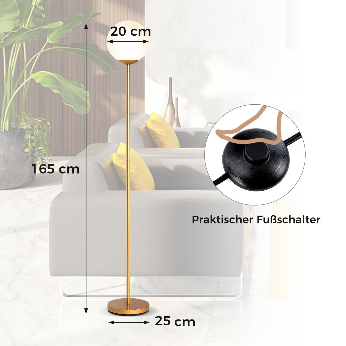 Modern – Golvlampa hög med Glasskärm och viktad Bas Fotsviktare – 165 cm – Guld