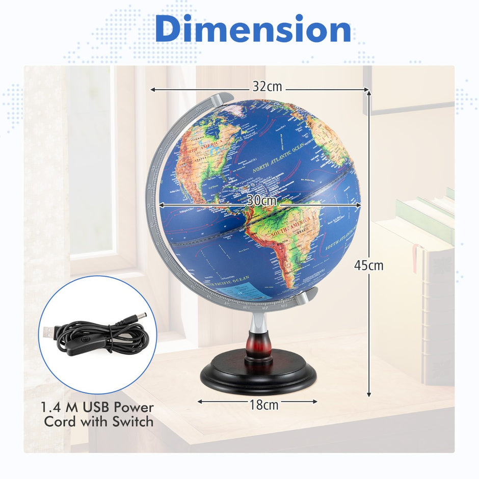 Upplyst – glob med träbas Pedagogisk/geografisk Världskula – Ø 30 cm – Blå