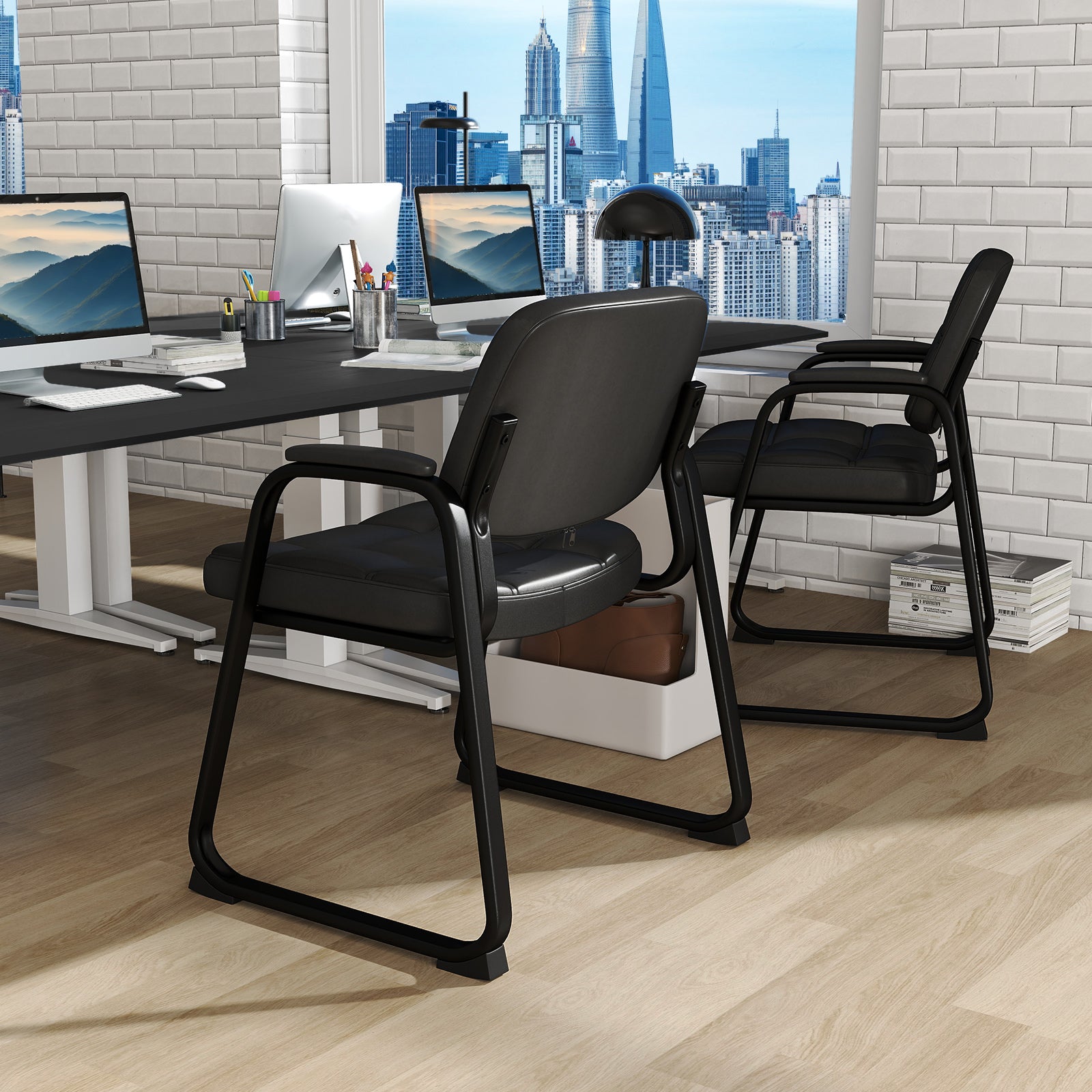 pack – Gästestolar Ergonomisk receptionsstol med metallram och stoppade armstöd – 2 – Svart
