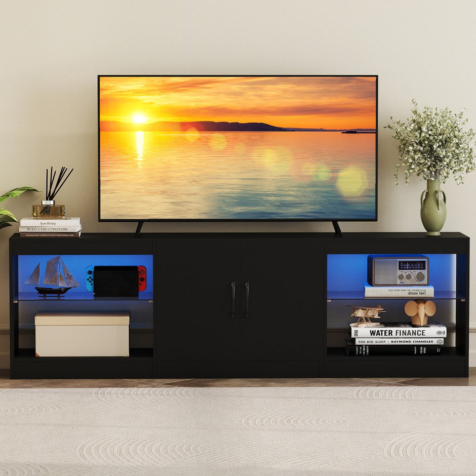 i – TV Skåp för upp till Tum Lowboard med LED Belysning och Justerbart Glas Hylla – 3 1 85 – Svart