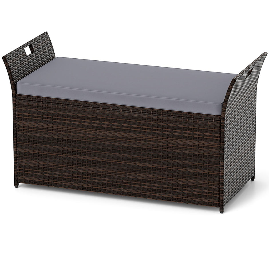 Trädgårdsbänk – med förvaring Polyrattan sittbänk kuddar och sidogrepp Kuddbox – Grå