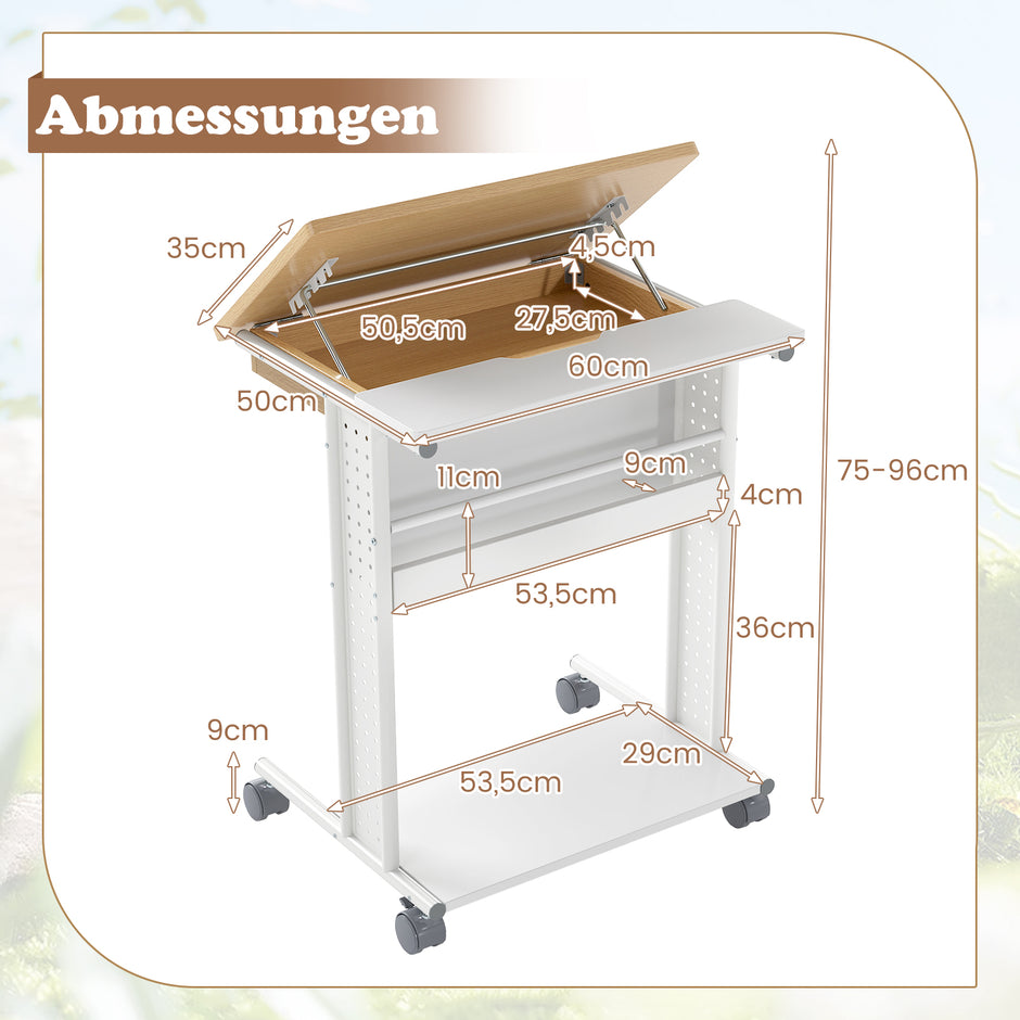 Skrivbord – med hjul och vinklingsbar bordskiva Mobil datorbord PC Laptopbord – Natur