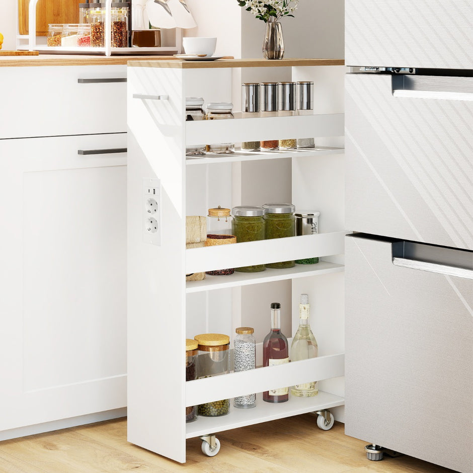 Bred – Nischvagn på Hjul Etage Smal Köksvagn Serveringsvagn + – 4 20 cm – Natur + vit