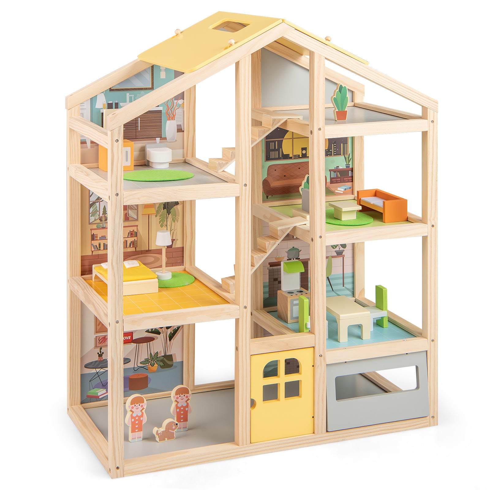 Barn – trädockhus med möbler och figurer familjespelhus DIY drömhus – Natur