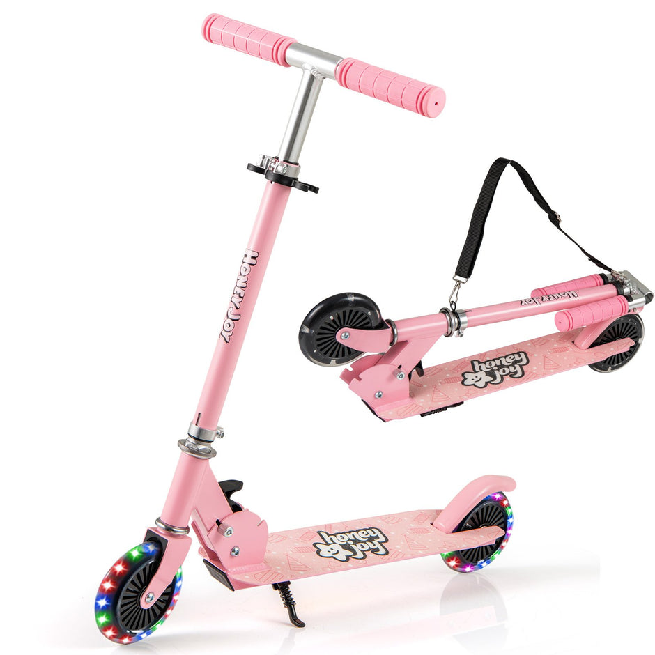 Hopfällbar – barnrullskridsko med LED hjul, styre, ställ och bärrem, – . – Rosa
