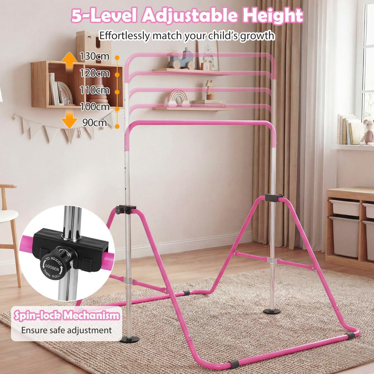 Barn – gymnastikstång höjdjusterbar vikbar rekstång träningsstång Bärkapacitet upp till – 90-130 cm 70 kg – Rosa