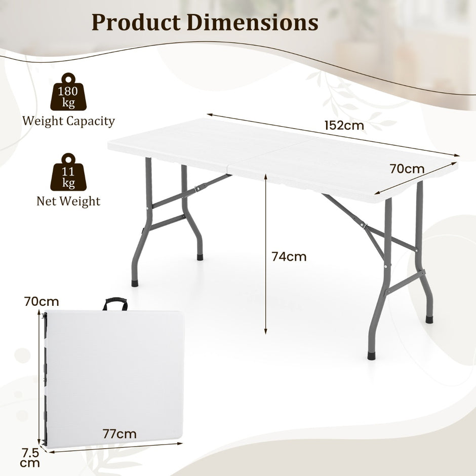 Fällbar – Campingbord Med HDPE Platta och Bärhandtag Trädgårdsbord Vitt – 152 x 70 cm – Vit
