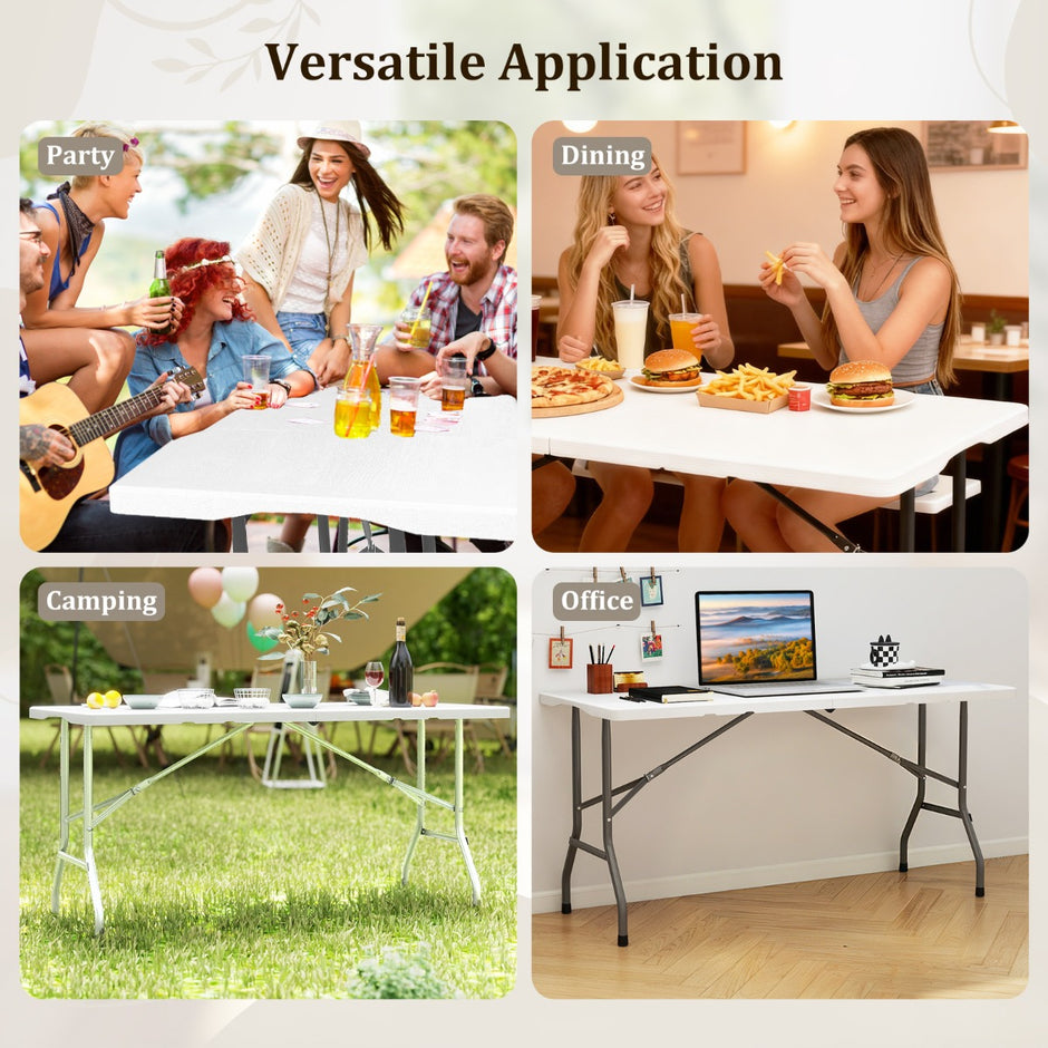 Fällbar – Campingbord Med HDPE Platta och Bärhandtag Trädgårdsbord Vitt – 152 x 70 cm – Vit