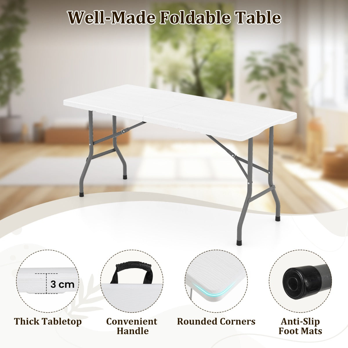 Fällbar – Campingbord Med HDPE Platta och Bärhandtag Trädgårdsbord Vitt – 152 x 70 cm – Vit