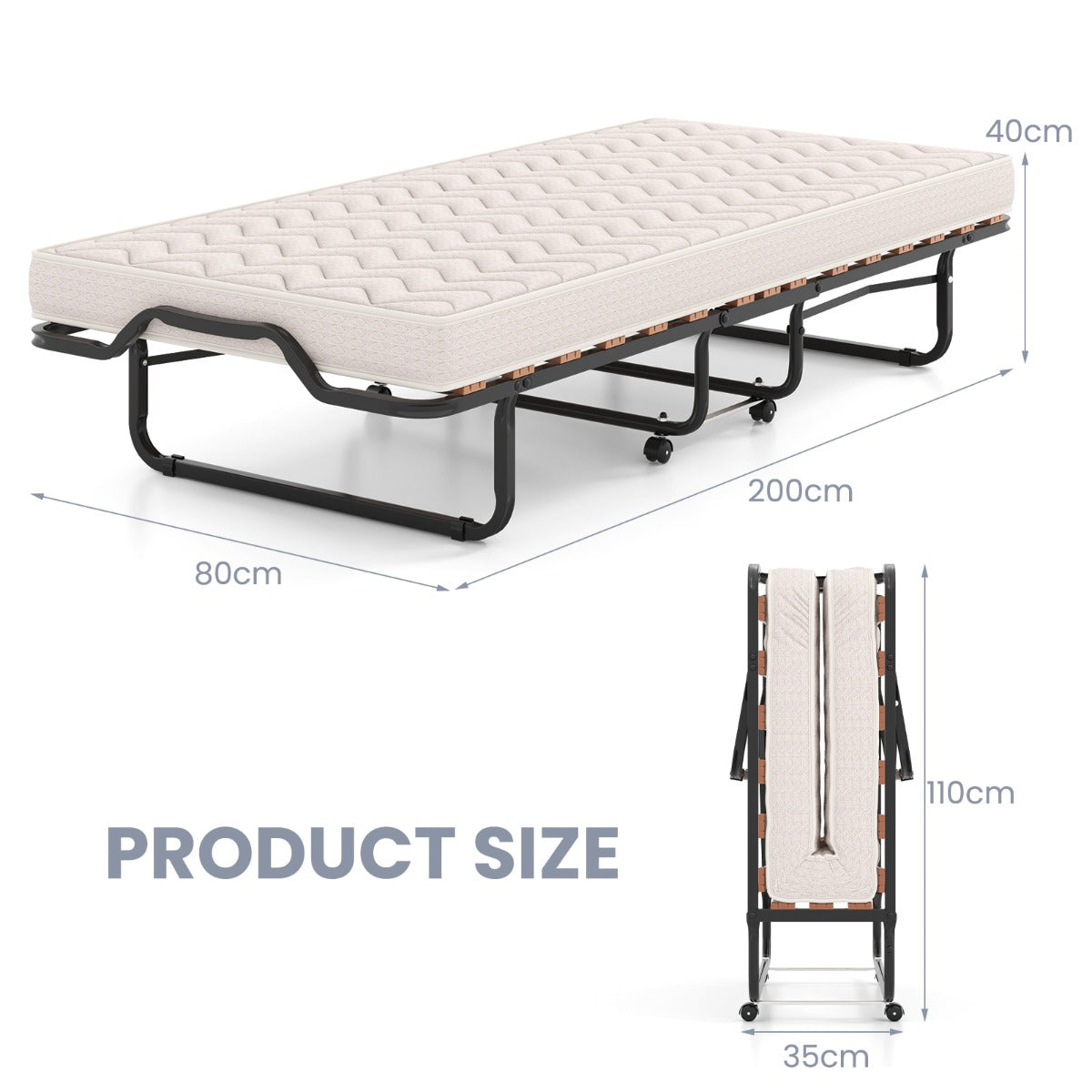 Vikbar – Säng Memoryskum Madrass Hjul För Gäster Italien – 80 x 200 Cm – Beige + Svart