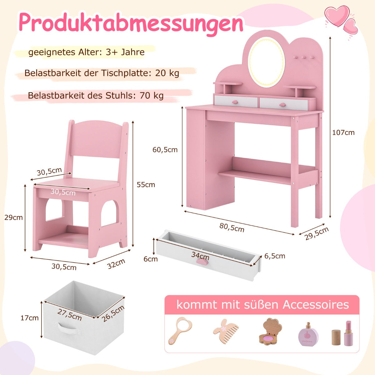 Barnsminkbord – med belysning Prinsessans frisörbord och stolsset lådor – 2 – Rosa