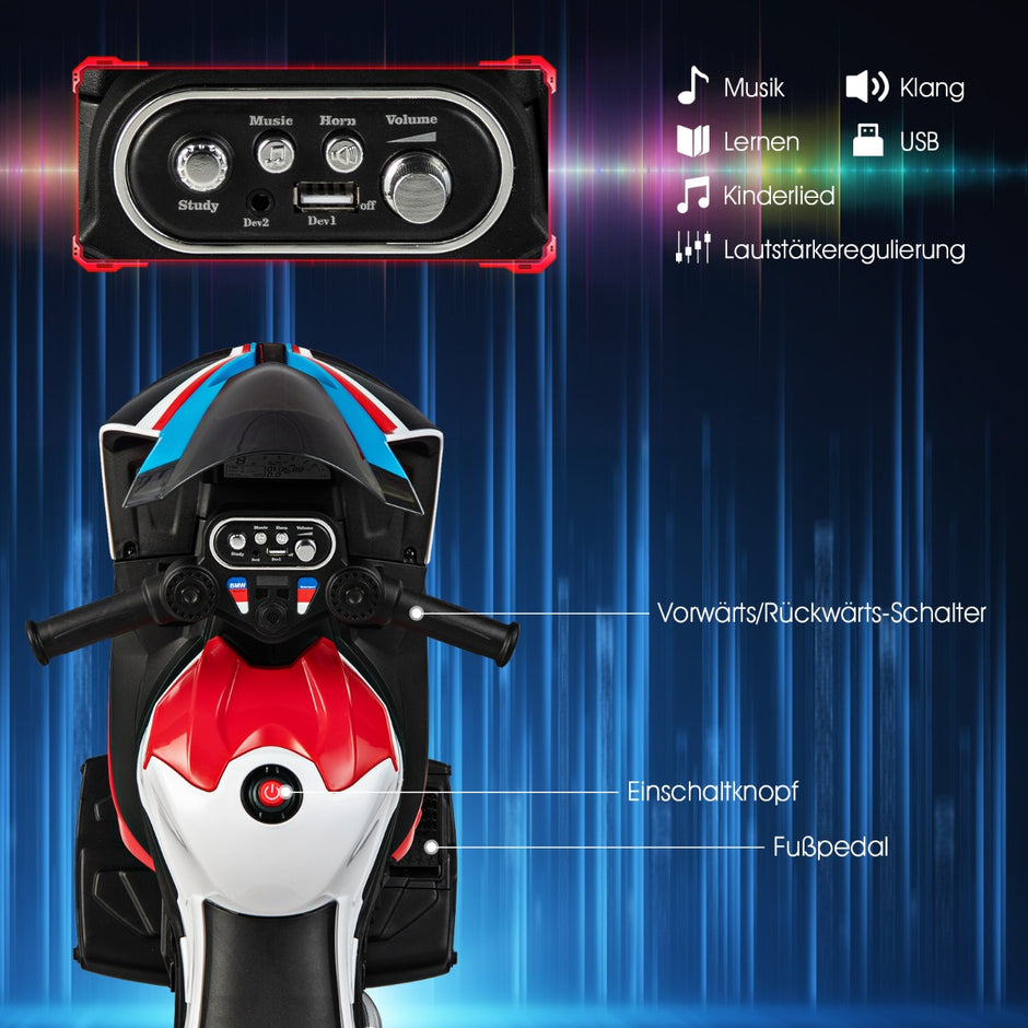 6V – elmotorcykel med musik och strålkastare hjulig – 3 82,5 x 42 x 54 cm – Röd