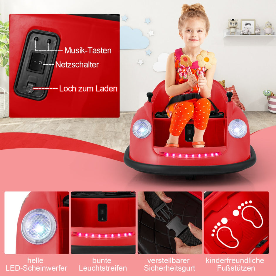 12V – Autoscooter barn elektrisk stötfångarbil med fjärrkontroll och LED lampor musik – Röd