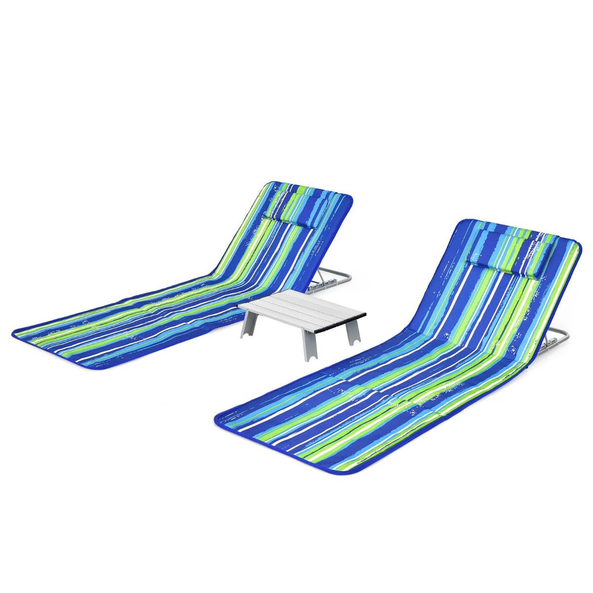 Strandmatta – med Sidobord Justerbar Solstolsset + – 2 x 151 x 55,5 x 27-47 – Blå och grön