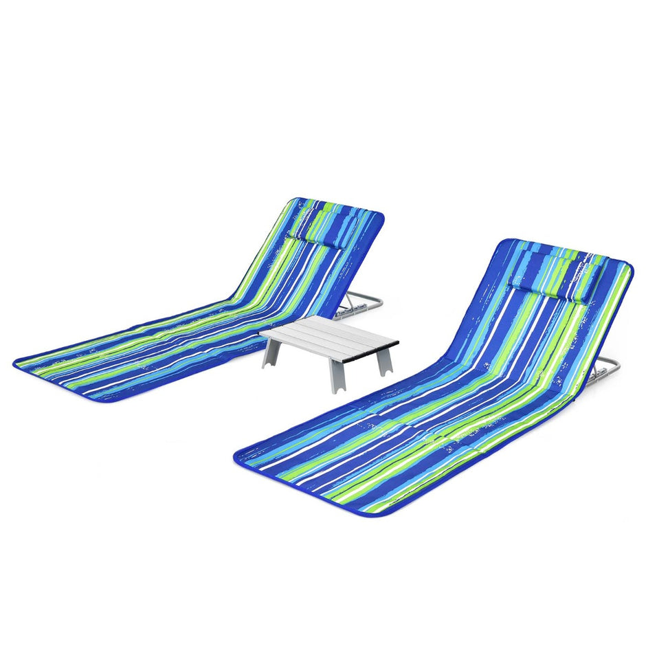 Strandmatta – med Sidobord Justerbar Solstolsset + – 2 x 151 x 55,5 x 27-47 – Blå och grön