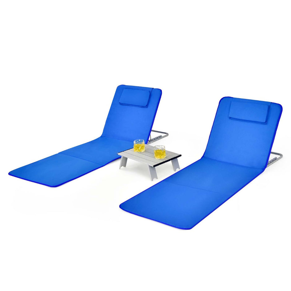 Set – med hopfällbara strandmattor solstolar och sidobord – 2 2 151 x 55,5 x 27-47 – Blå