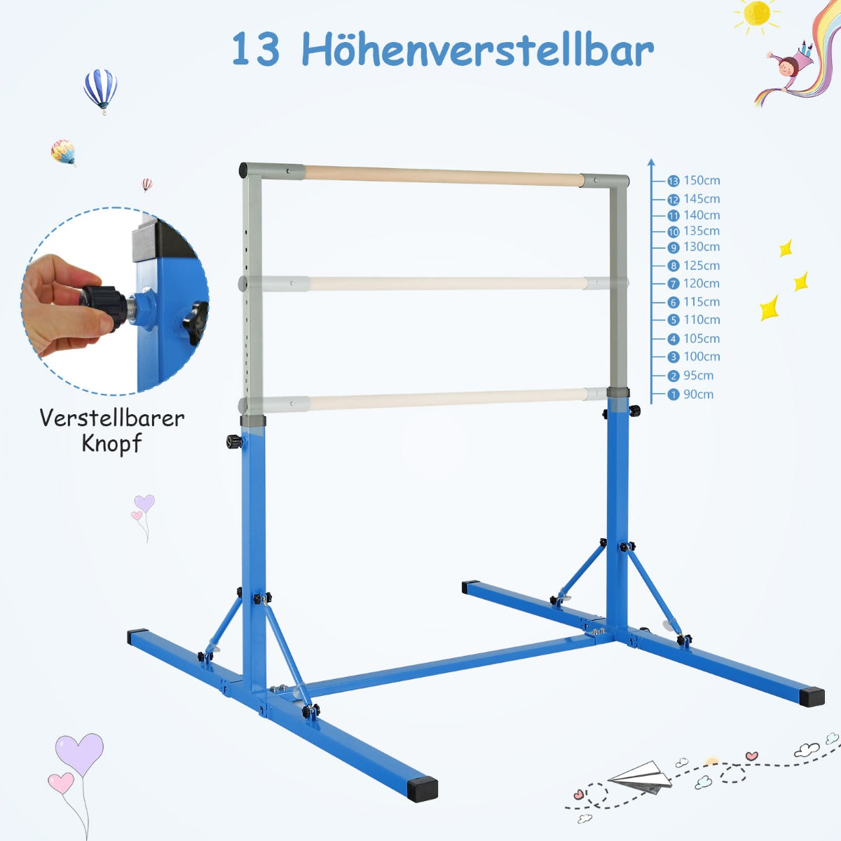 Vikbar – gymnastikstång för barn Vacklingsfri hemträningsutrustning (90-150) cm – 136 x 172 x – Blå