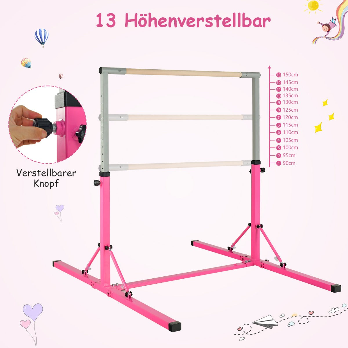Vikbar – gymnastikstång för barn Vacklingsfri hemträningsutrustning (90-150) cm – 136 x 172 x – Rosa