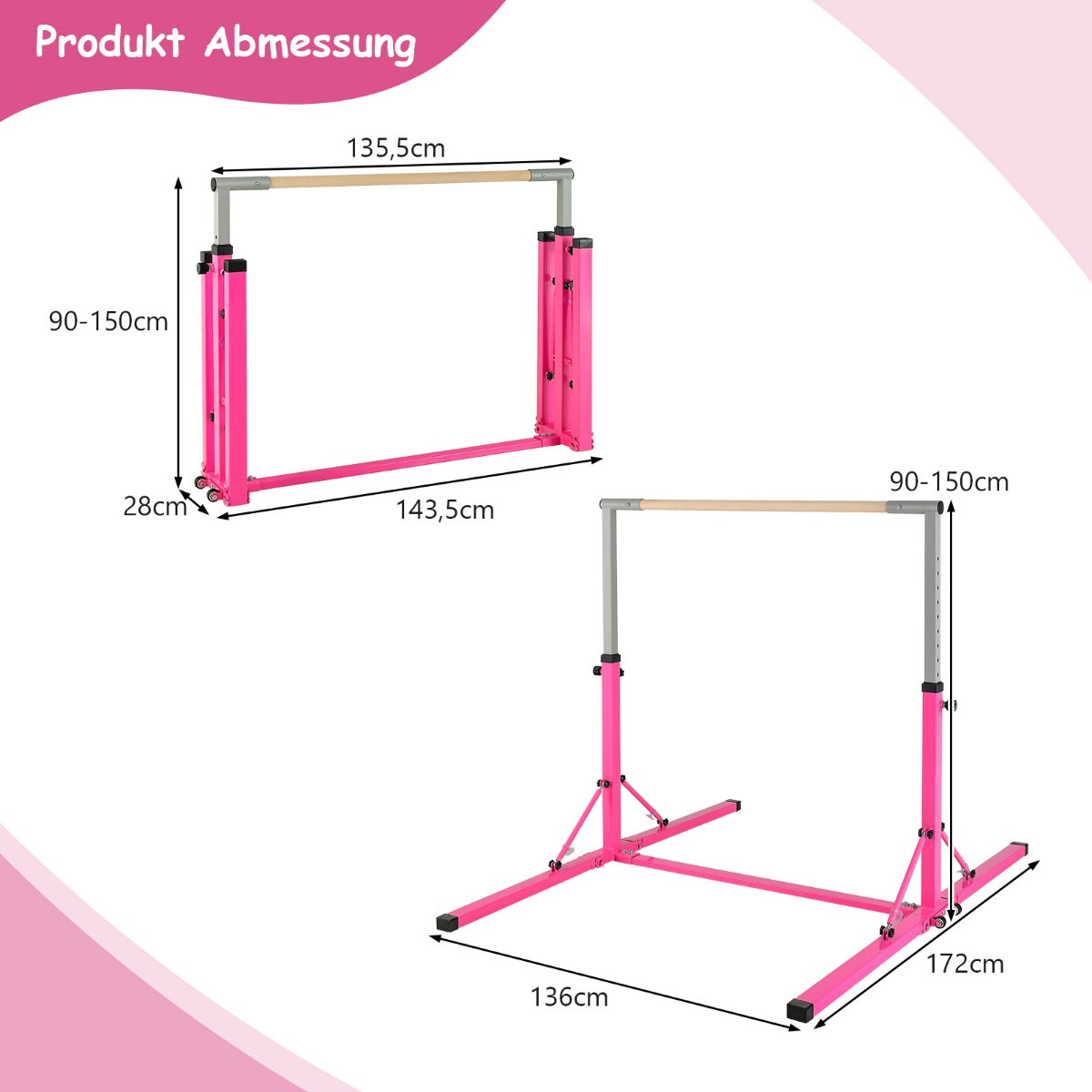 Vikbar – gymnastikstång för barn Vacklingsfri hemträningsutrustning (90-150) cm – 136 x 172 x – Rosa
