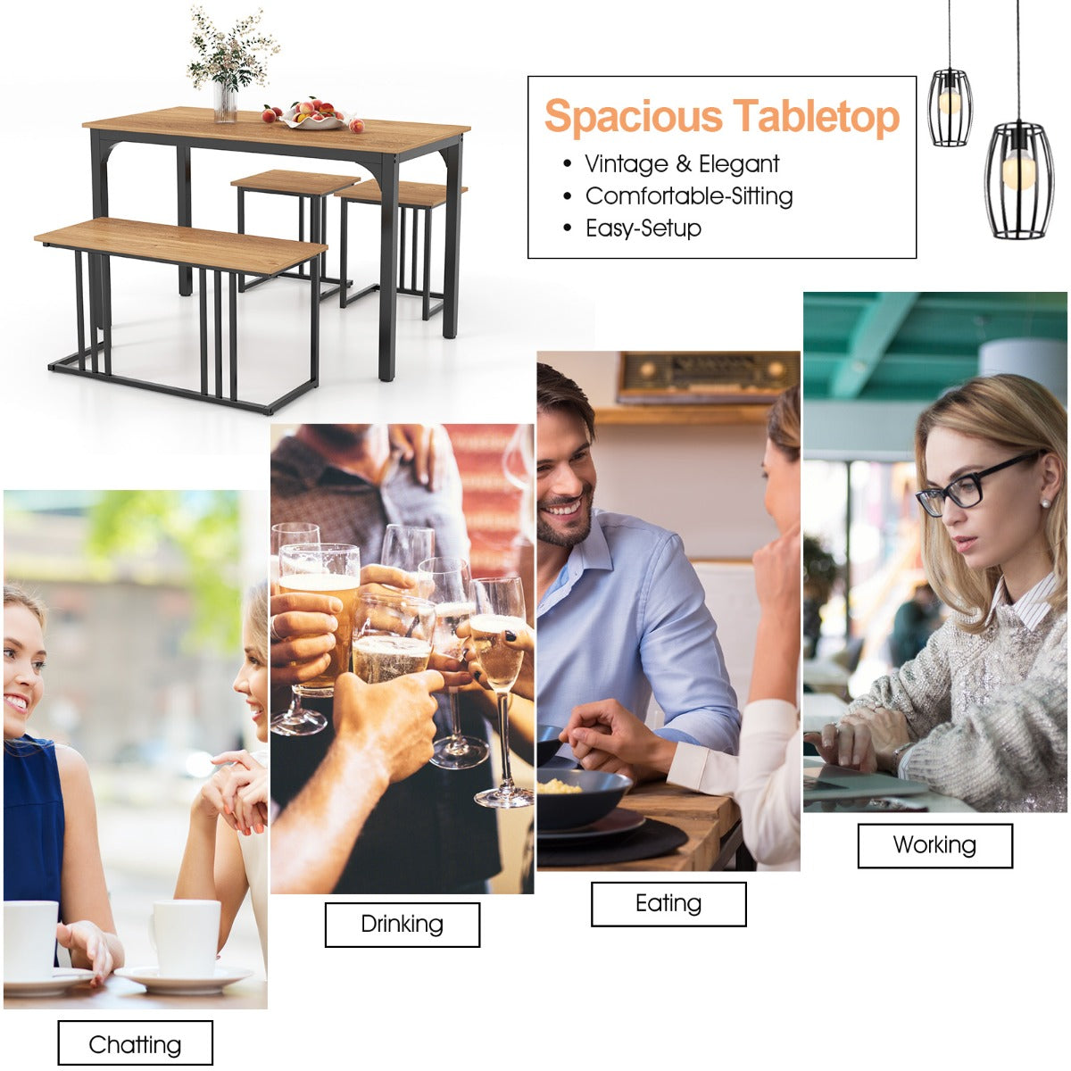 Matbord – med bänk och pallar set om köksbord industriell matgrupp för kök – 2 4 120 x 60 x 75 cm – Natur