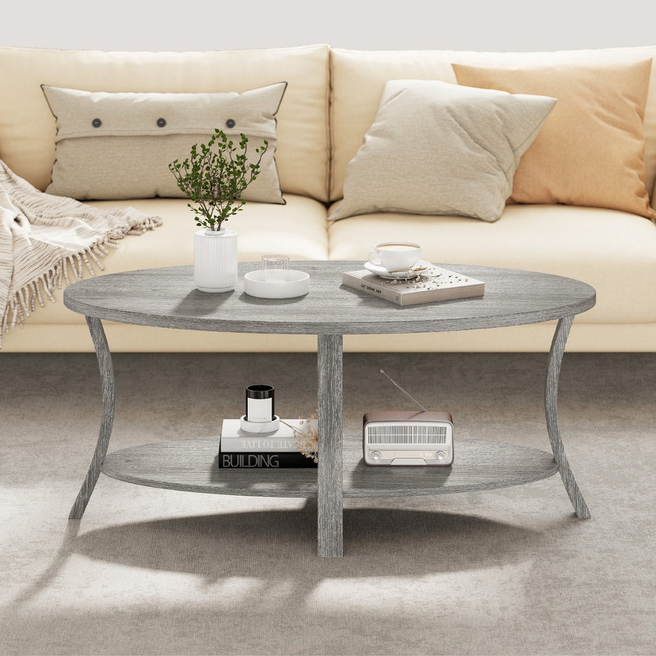 Oval – soffbord med hylla Vardagsrumsbord våningars sidobord Kaffebord – 2 – Grå