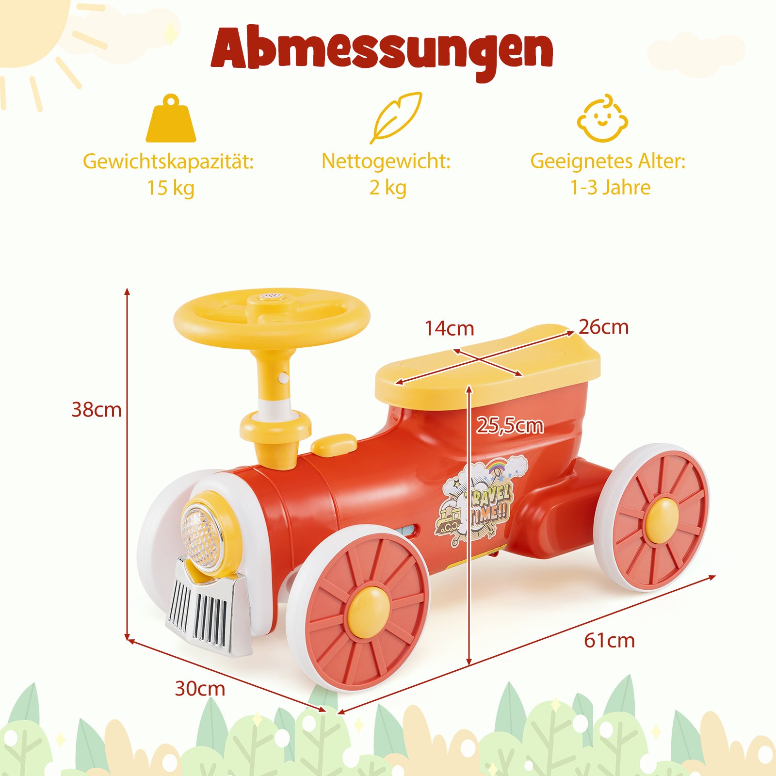 Rutschbil – Rutschfordon med ratt och dragpipa knapp förvaringsutrymme under sitsen Rutscher barnbil – 61 x 30 x 38 cm – Röd