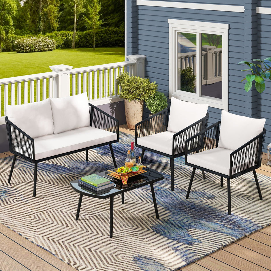 Rattan – Trädgårdsmöbler Set Balkongmöbler med sitt och ryggkuddar Terrassmöbler – Svart