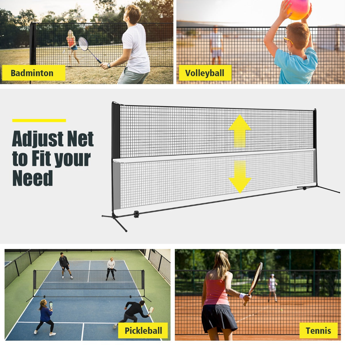 Badmintonnät – med stativ, höjjusterbart fjäderbollsnät fjäderbollar och bärväska – 2 420 x 102 x 89-155 cm – Svart