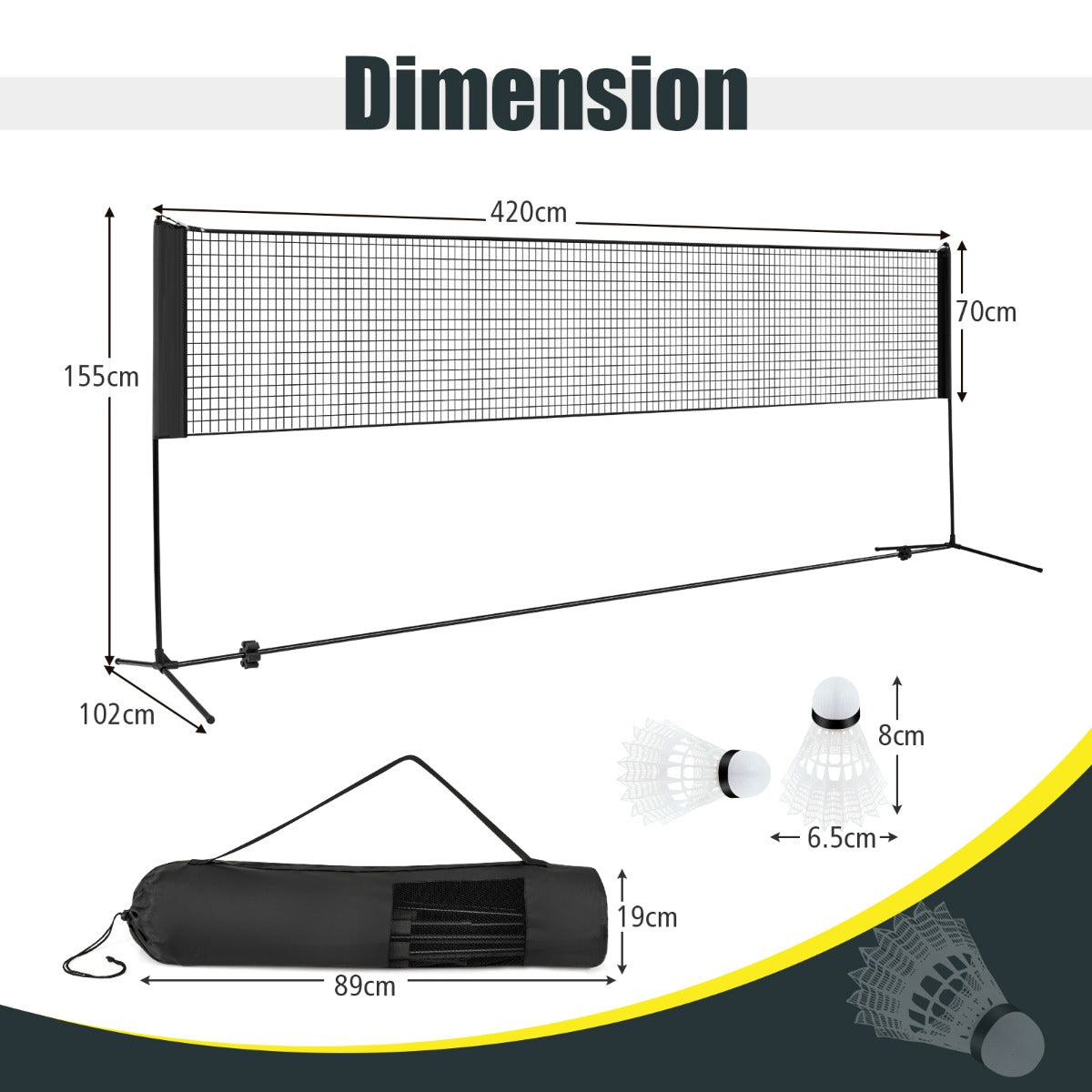 Badmintonnät – med stativ, höjjusterbart fjäderbollsnät fjäderbollar och bärväska – 2 420 x 102 x 89-155 cm – Svart