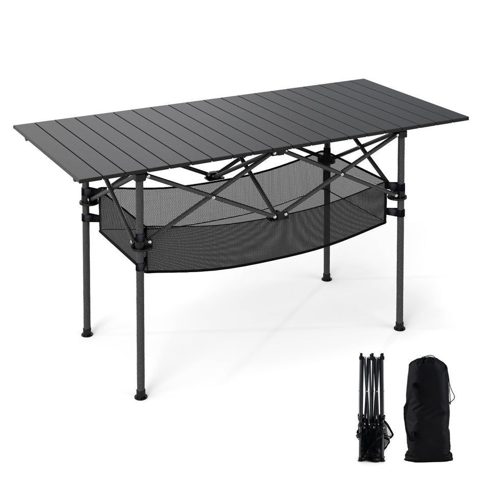 Fällbart – campingbord med rullbar aluminiumsskiva och nätkorg, fällbord – Svart