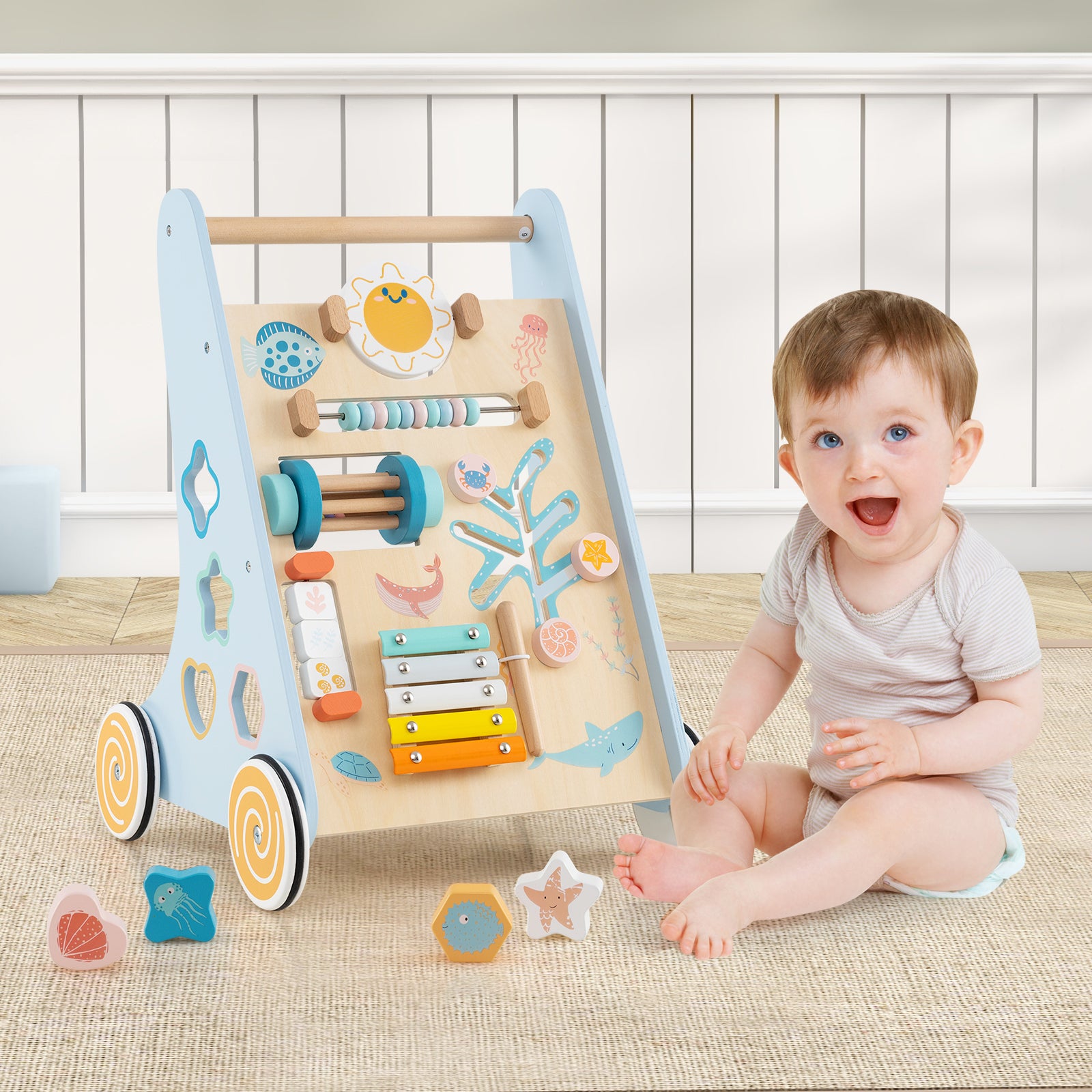 Träkvagn – i trä för att skjuta och dra, Montessori baby gåhjälp med hjul – Blå