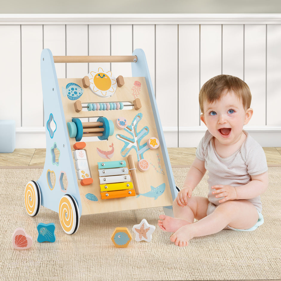Träkvagn – i trä för att skjuta och dra, Montessori baby gåhjälp med hjul – Blå