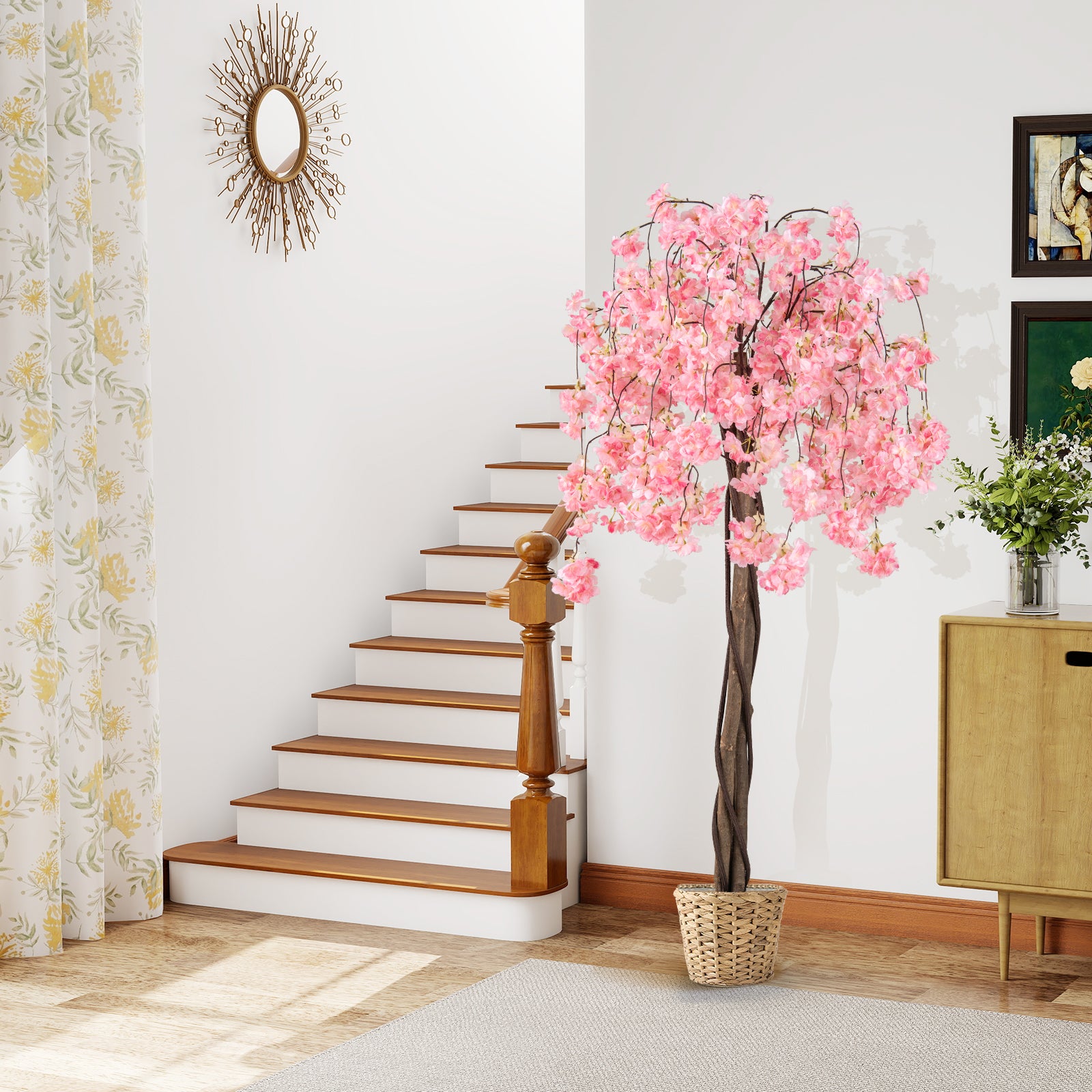Konstgjord – körsbärsblomma i kruka, konstblomma med blommor, – 163 cm – Rosa
