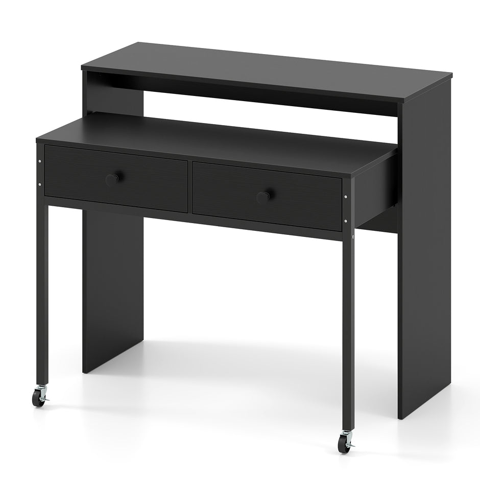Utdragbart – skrivbord, mindre datortabell med lådor och hjul – 2 100 x 63 x 88 cm – Svart